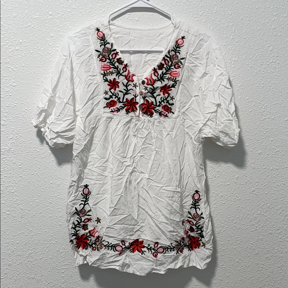 Pink and Green Embroidered Puff Sleeve Blouse